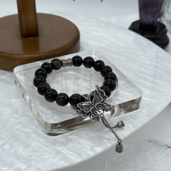 1 Silver Sheen Obsidian Bracelet Natural Obsidian Beads|Butterfly Charm for Transformation