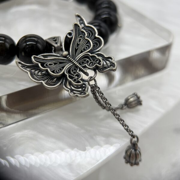 3 Silver Sheen Obsidian Bracelet Natural Obsidian Beads|Butterfly Charm for Transformation