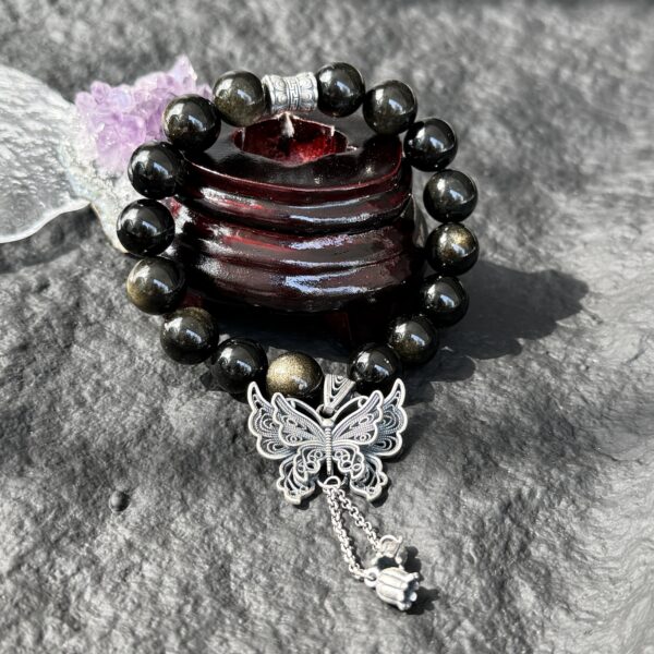 7 Silver Sheen Obsidian Bracelet Natural Obsidian Beads|Butterfly Charm for Transformation