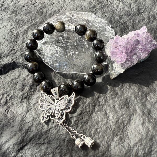 8 Silver Sheen Obsidian Bracelet Natural Obsidian Beads|Butterfly Charm for Transformation